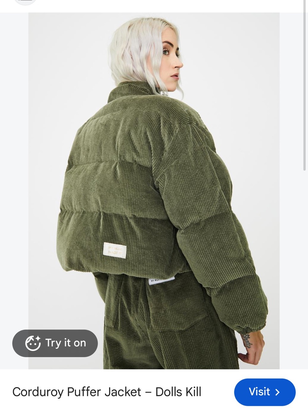 My Mum Made It Green Puffer Jacket Zip Padded Pockets Relaxed Fit XS-S